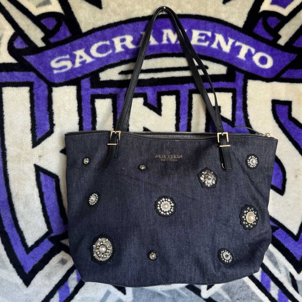 Kate Spade New York Denim Tote Rhinestone Pearl Embellished‎ Zip Top